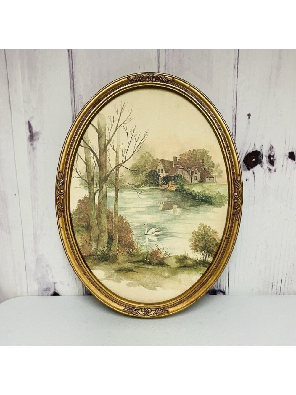 Vintage Homco Oval Wall Print County Cottage Home Lake With Swan